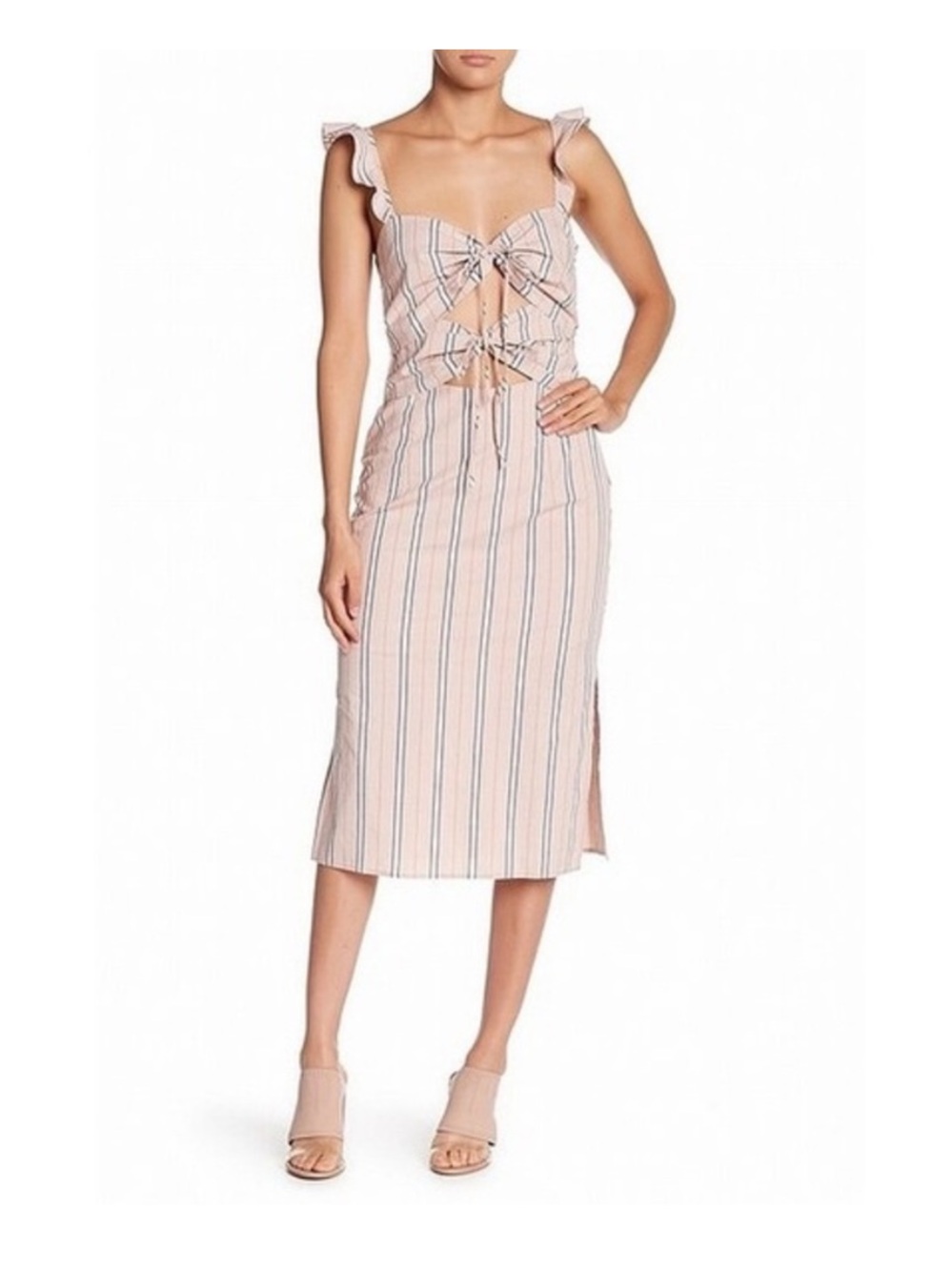 WAYF Verona Cutout Midi Dress Pink Stripe Plaid Sz M Preppy Summer Sexy Vacation